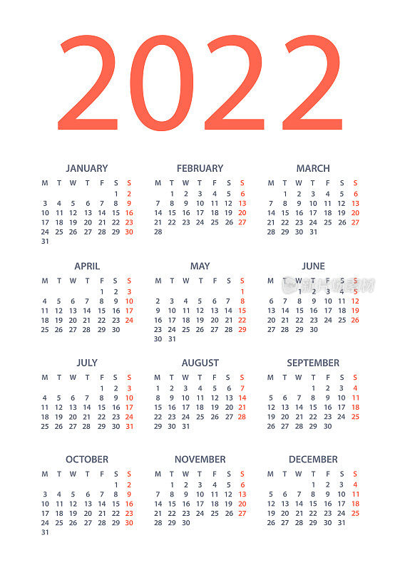 日历2022 -矢量插图。一周从周一开始